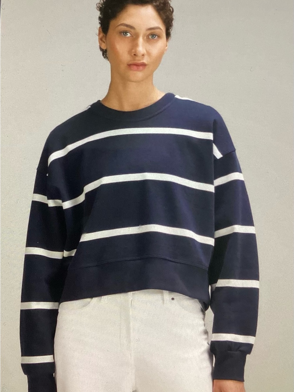 Lululemon perfectly Striped Navy and antique White cropped Crew.